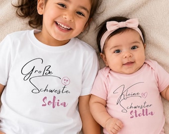 Große Schwester Shirt & Kleine Schwester Baby Body zur Geburt personalisiert | Geschwister-Outfit mit Namen | Baby-Geschenk