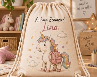 Turnbeutel mit Namen für Kinder | Turnbeutel personalisiert Einhorn | Sportbeutel Schulkind für Mädchen zur Einschulung