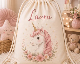 Turnbeutel personalisiert Mädchen mit Name, Geschenk Kindergarten, Sportbeutel Kinder, Beutel Einschulung Einhorn Ballerina