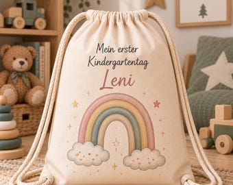 Turnbeutel Kindergarten mit Namen | Personalisierter Turnbeutel Kinder Regenbogen | Geschenk zum ersten Kindergartentag