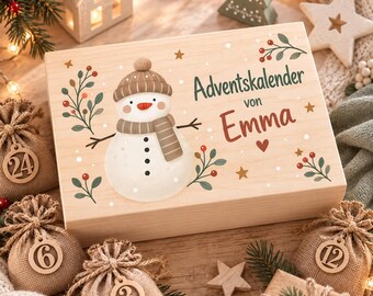 Adventskalender mit Namen für Kinder | Adventskalender aus Holz personalisiert | zum Befüllen | 24 Säckchen Schneemann