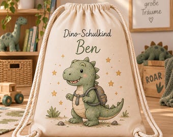 Turnbeutel Kinder mit Namen | Personalisierter Turnbeutel Dino | Turnbeutel Schulkind & Sportbeutel zur Einschulung