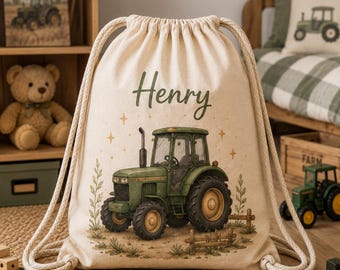 Turnbeutel mit Namen Kinder, personalisiert für Kindergarten & Kita, Geschenk zum Kindergartenstart, Dino Traktor Feuerwehr Bagger