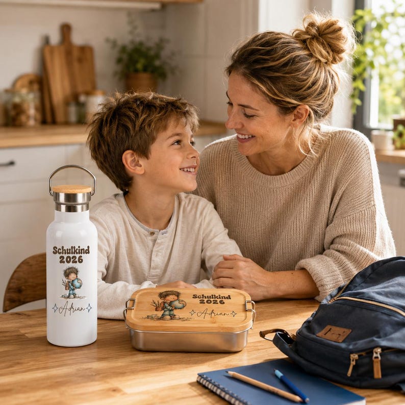 May include: A white metal water bottle with a bamboo lid and a matching rectangular metal lunch box with a bamboo lid. Both items feature a printed illustration of a child with a globe, the text Schulkind 2026, and the name Adrian in script.
