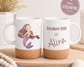 Personalisierte Meerjungfrau Tasse Schulkind 2026 – Name Tasse zur Einschulung, Geschenk Schulanfang Mädchen, Meerjungfrau Becher