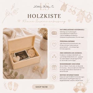 May include: A light-colored wooden box with a hinged lid, open to reveal a photo and a heart-shaped item. The box is labeled "HOLZKISTE" and "Little Stella Co." The image includes text about personalization and sizes, with a call to "SHOP NOW."