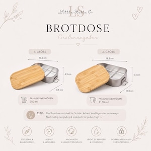 Puede incluir: Dos fiambreras rectangulares de acero inoxidable con tapas de bamb&uacute;, mostradas con dimensiones. La primera mide 17,5 cm por 9,5 cm por 4,5 cm con 700 ml de capacidad. La segunda mide 18,5 cm por 11,0 cm por 5,4 cm con 1100 ml de capacidad.