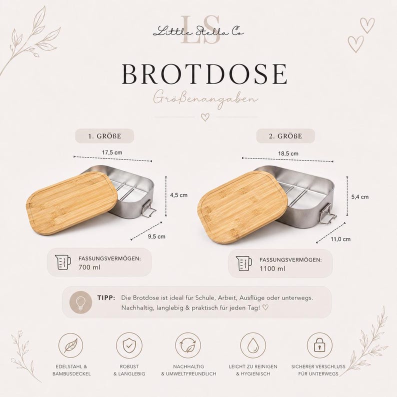 Puede incluir: Dos fiambreras rectangulares de acero inoxidable con tapas de bamb&uacute;, mostradas con dimensiones. La primera mide 17,5 cm por 9,5 cm por 4,5 cm con 700 ml de capacidad. La segunda mide 18,5 cm por 11,0 cm por 5,4 cm con 1100 ml de capacidad.