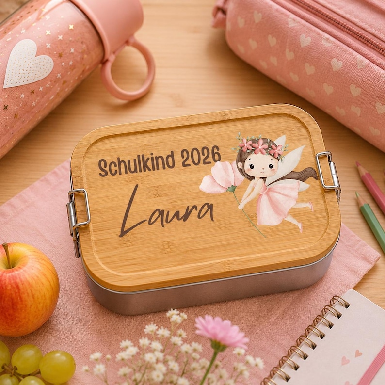 Puede incluir: Una fiambrera rectangular con tapa de bamb&uacute; marr&oacute;n claro que presenta una ilustraci&oacute;n de un hada con alas rosas y una flor, el texto "Schulkind 2026" y el nombre "Laura" en letra marr&oacute;n oscuro, y cierres laterales de metal plateado.