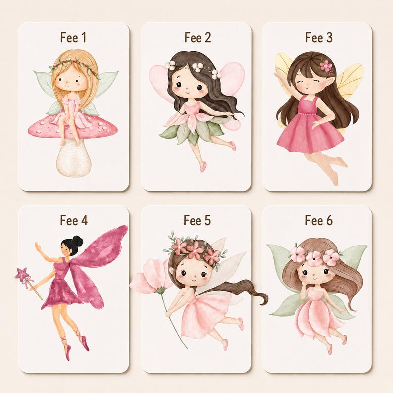 Puede incluir: Seis tarjetas rectangulares con ilustraciones en acuarela de hadas. Fee 1 muestra un hada rubia sobre una seta. Fee 2 muestra un hada de pelo oscuro con ropa de hojas. Fee 3 muestra un hada con vestido rosa. Fee 4 muestra un hada con una varita de estrella. Fee 5 muestra un hada con una flor. Fee 6 muestra un hada con una corona floral.