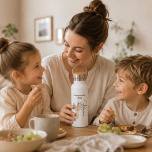 May include: A white metal water bottle with a silver screw-top lid and a wooden accent. The bottle features a printed illustration of a small deer, the text "Kindergartenkind 2026", and the name "Karina" written in a cursive script font.