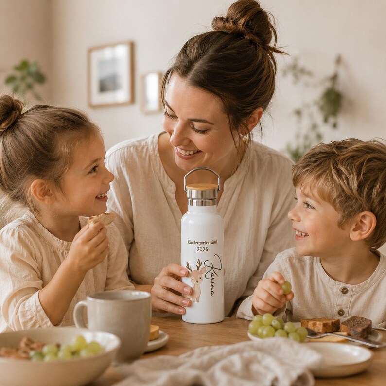 May include: A white metal water bottle with a silver screw-top lid and a wooden accent. The bottle features a printed illustration of a small deer, the text "Kindergartenkind 2026", and the name "Karina" written in a cursive script font.