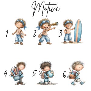 May include: A digital illustration sheet titled Motive featuring six numbered cartoon characters. The top row shows a child with goggles in three poses: standing, using a telescope, and holding a surfboard. The bottom row shows a child with various art supplies, a globe, and a backpack.