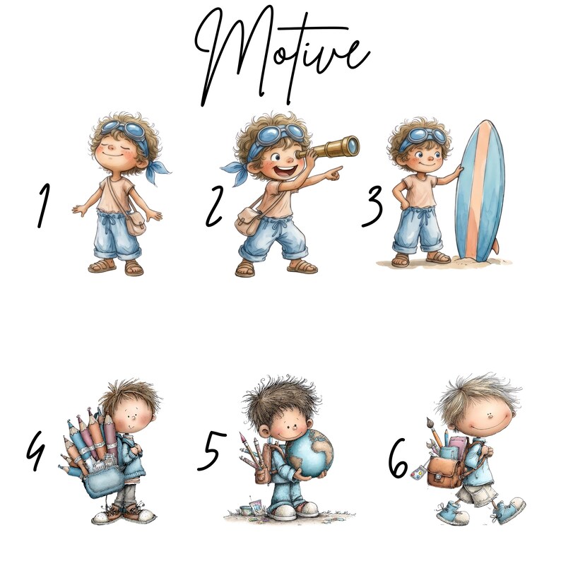 May include: A digital illustration sheet titled Motive featuring six numbered cartoon characters. The top row shows a child with goggles in three poses: standing, using a telescope, and holding a surfboard. The bottom row shows a child with various art supplies, a globe, and a backpack.