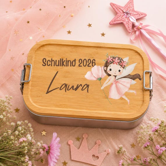 Personalisierte Brotdose Fee mit Name – Lunchbox Mädchen Einschulung 2026 | Edelstahl Brotdose Blütenfee | Geschenk Schulanfang Kindergarten