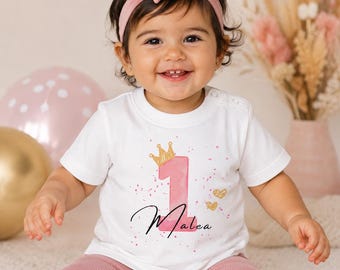 Geburtstagsshirt Mädchen mit Namen – Personalisiertes T-Shirt mit Wunschalter & Krone – Geburtstagsoutfit Kinder,Wunschname und Wunschzahl