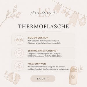 May include: A beige informational graphic for a Little Stella Co thermos featuring a line drawing of baby clothes on a clothesline, footprints, and a thermos with a heart icon. The text includes THERMOFLASCHE, ISOLIERFUNKTION, ZERTIFIZIERTE SICHERHEIT, PFLEGEHINWEIS, and ENJOY.