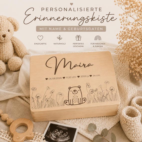 Erinnerungskiste Baby personalisiert mit Name Geburtsdaten I Babybox Holz I Geschenk Geburt Mädchen Junge I Teddy Erinnerungskiste