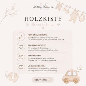 May include: A promotional image for Little Stella Co. features the text "HOLZKISTE" and "SHOP NOW". The image includes illustrations of baby clothes, a car, and icons representing personalization, processing time, shipping, and attention to detail.