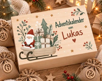 Adventskalender personalisiert mit Namen | Adventskalender Holz zum Befüllen | Holzkiste Weihnachten | 24 Säckchen Weihnachtsmann