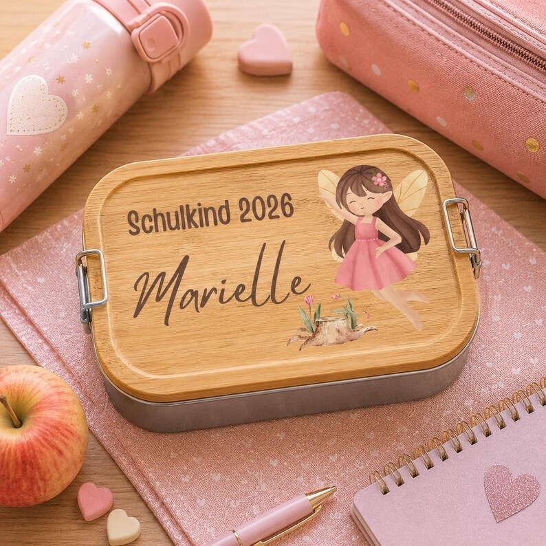 Puede incluir: Una fiambrera rectangular con tapa de bamb&uacute; claro que presenta una ilustraci&oacute;n de un hada con vestido rosa, el nombre Marielle y el texto Schulkind 2026. El recipiente tiene cierres laterales de metal plateado y un acabado liso.