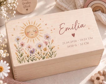 Erinnerungskiste zur Geburt personalisiert | Erinnerungsbox Baby mit Geburtsdaten | Holzkiste Baby mit Namen | Sonne Blumen