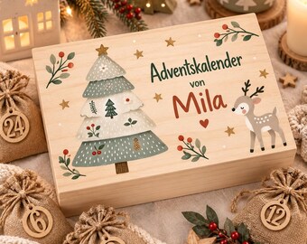 Adventskalender Kinder personalisiert | Adventskalender zum Befüllen mit Namen | Holzkiste Weihnachten | 24 Säckchen Reh