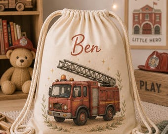 Turnbeutel personalisiert Junge mit Name, Kindergarten Geschenk, Kita Beutel, Dino Traktor Feuerwehr Bagger Weltraum Pirat