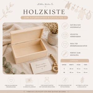 May include: A light-colored wooden box with an open lid, ideal for storing keepsakes. The box is displayed with a small card that reads "Meine ersten Erinnerungen" and a wooden toy. The image also includes text that reads "HOLZKISTE" and "Little Stella Co."