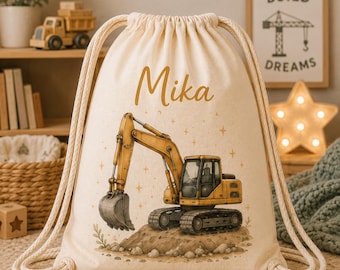 Turnbeutel personalisiert Kinder mit Name, Kindergarten Beutel Junge, Geschenk für Kindergartenstart, Dino Traktor Feuerwehr