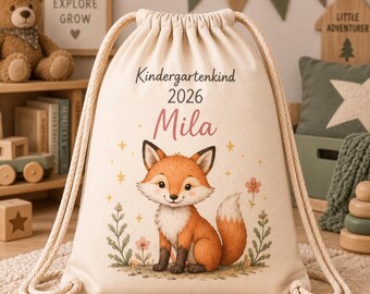 Turnbeutel Kindergarten personalisiert mit Namen | Turnbeutel Kinder mit Fuchs | Kindergartenbeutel für Mädchen & Jungen