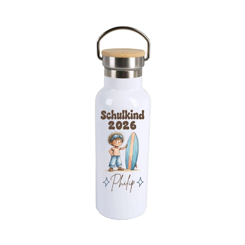 May include: A white water bottle with a silver metal neck and a light wood lid. The bottle features the text Schulkind 2026, an illustration of a child with a surfboard, and the name Philip written in script with small star icons on each side.