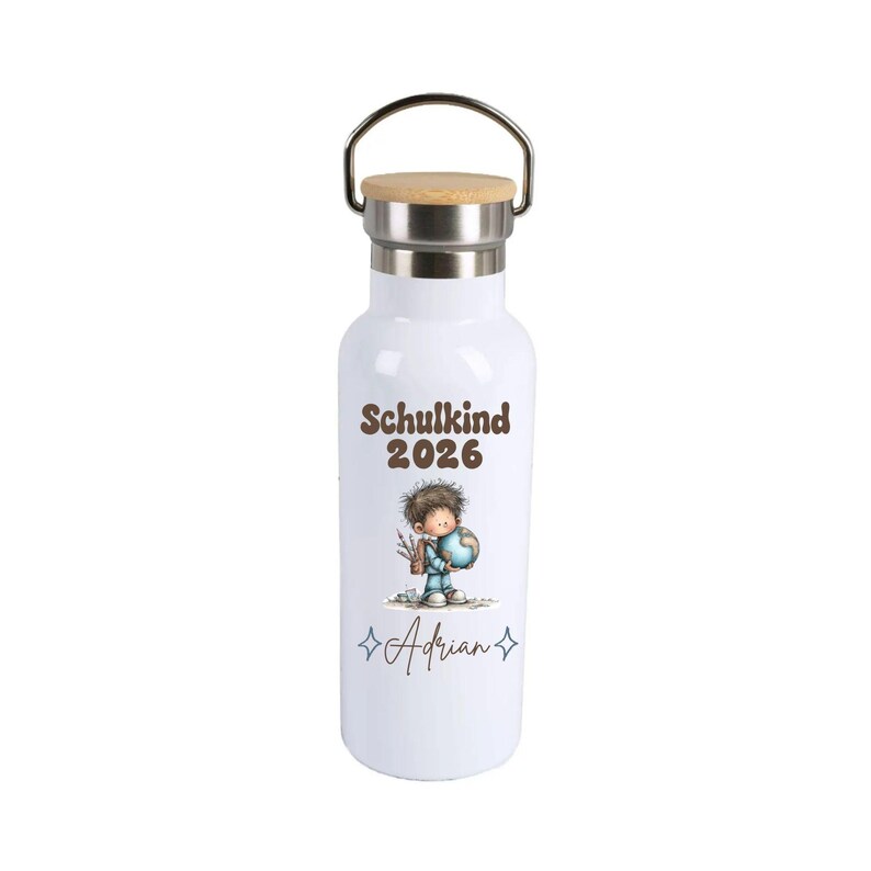 May include: A white metal water bottle with a silver neck and a light wood-toned lid. The bottle features the brown text Schulkind 2026, an illustration of a child holding a globe, and the name Adrian in script with small star icons.