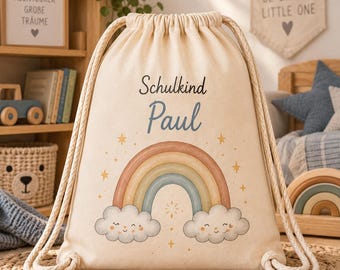 Turnbeutel mit Namen für Kinder | Personalisierter Turnbeutel Regenbogen | Sportbeutel Schulkind zur Einschulung