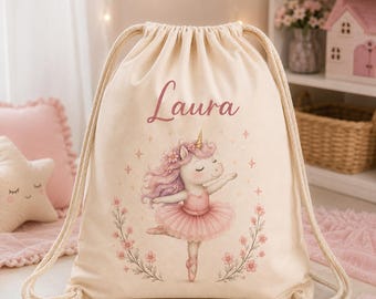 Turnbeutel Mädchen personalisiert mit Namen, Geschenk für Kindergarten & Einschulung, Mädchen Sportbeutel mit Wunschmotiv