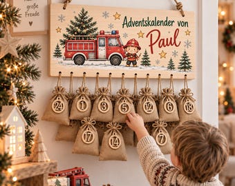Personalisierter Adventskalender Feuerwehr mit Name | Adventskalender Kinder zum Befüllen | 24 Jutesäckchen | Weihnachtsgeschenk Junge