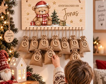 Personalisierter Adventskalender Teddybär mit Name | Adventskalender Kinder zum Befüllen | 24 Jutesäckchen | Weihnachtsgeschenk Kind