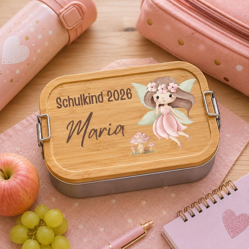 Puede incluir: Una fiambrera rectangular con tapa de bamb&uacute; que presenta una ilustraci&oacute;n impresa de un hada con cabello casta&ntilde;o, alas rosas y vestido rosa, junto a setas. El texto dice Schulkind 2026 y el nombre Maria en letra cursiva de color marr&oacute;n oscuro.