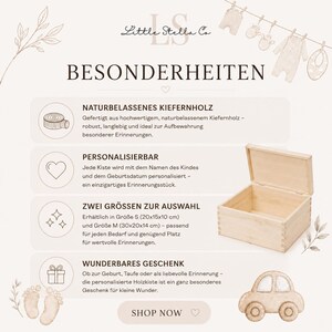 May include: A light-colored wooden box with an open lid, ideal for storing keepsakes. The box is made of natural pine wood and is available in two sizes: 20x15x10 cm and 30x20x14 cm. The text on the image says "SHOP NOW".
