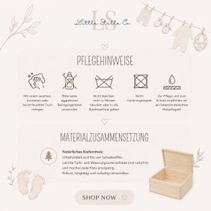 May include: A light-colored wooden box with an open lid, displayed on a cream-colored background. The image includes care instructions and material composition details, along with the text "Little Stella Co" and "Shop Now".