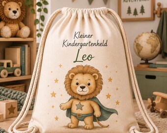 Turnbeutel Kinder personalisiert mit Namen | Kindergarten Turnbeutel Löwe | Sportbeutel für Jungen & Mädchen