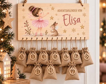 Adventskalender personalisiert Mädchen mit Namen | Ballerina Adventskalender mit Säckchen | zum Befüllen | Weihnachtsgeschenk Kind