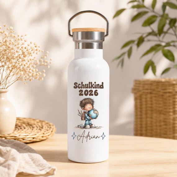 Trinkflasche personalisiert Schulkind 2026 – Kinder Edelstahlflasche mit Name, Geschenk zur Einschulung, Geschenk Schulanfang Junge