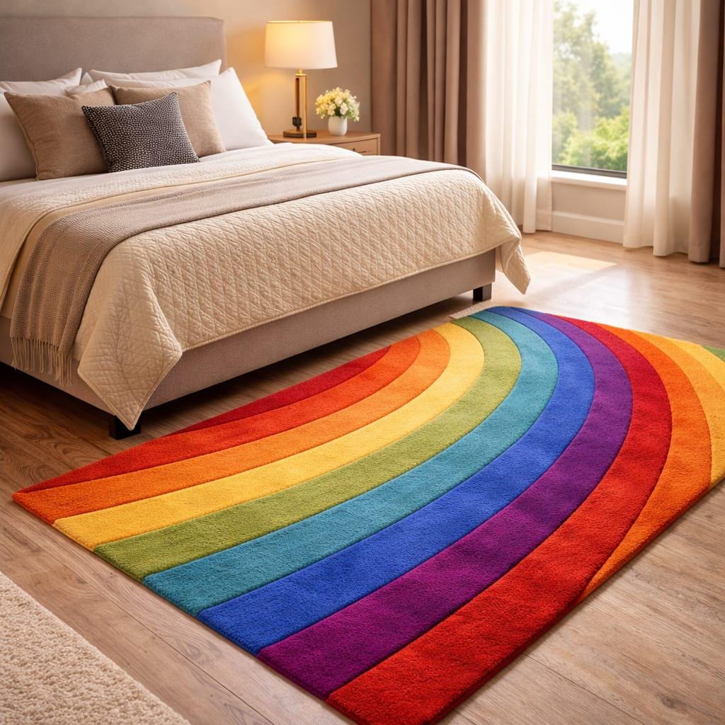 Vibrant Rainbow Arc Hand Tufted Wool Rug – Multicolor Modern Boho ...