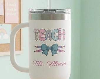 Teacher Travel Mug, Gingham Teach with Bows & Pencils, Personalized Teacher Gift