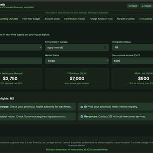 Pode incluir: Interface web verde escuro para CanadaFinPath, uma ferramenta financeira. A seção de perfil exibe campos para província, data de chegada, país de origem, estado civil, renda e status de imigração. Ele também mostra a renda líquida estimada, o espaço TFSA e o limite RRSP.