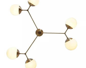 Sputnik Chandelier: Mid-Century Modern, 6-Light Glass Globe, Raw Brass