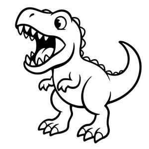 Puede incluir: Ilustración de dibujos animados en blanco y negro de un dinosaurio Tyrannosaurus Rex. El dinosaurio se representa con la boca abierta, revelando dientes afilados. Tiene brazos pequeños, pies grandes y una cola larga. La imagen es un dibujo simple.