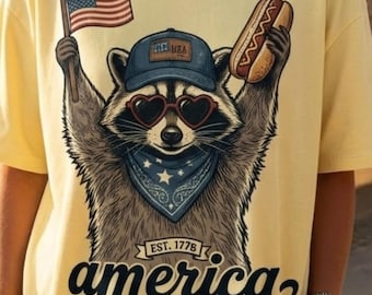 Lustige Waschbär 4. Juli USA Flagge Hotdog T-shirt (Digitaler Download)