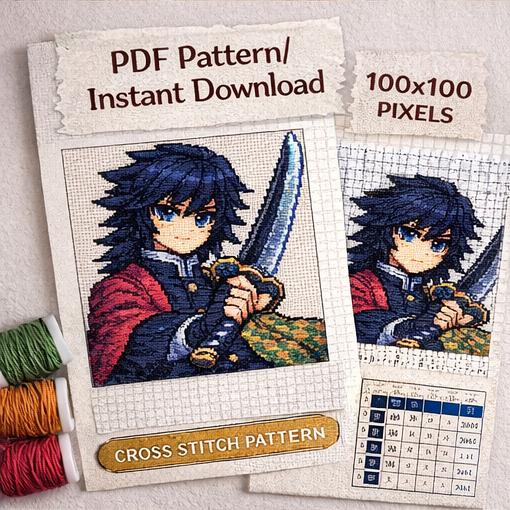 Giyu Tomioka Anime Cross Stitch Pattern PDF, Pixel Art Embroidery ...